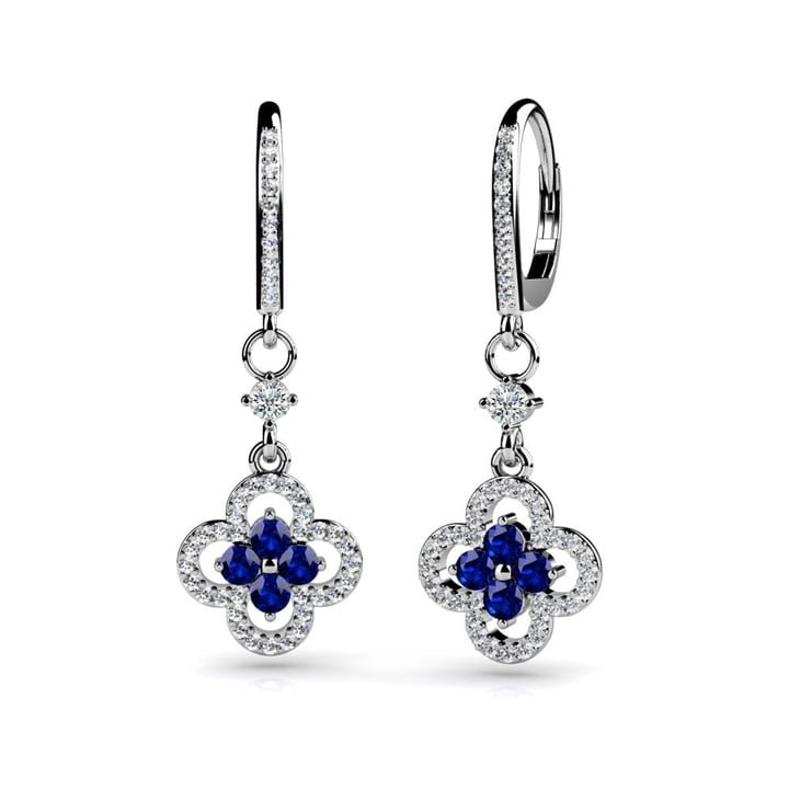 Four-Leaf-Diamond-And-Sapphire-Clover-Earrings-In-White-Gold