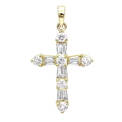 14K Yellow Gold Round Diamond Cross Pendant 1.85ct