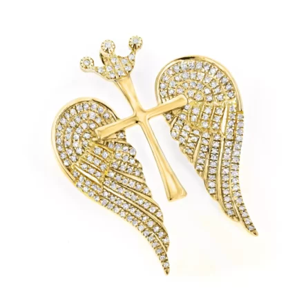 14K Yellow Gold Unique Angel Wings Diamond Cross Pendant with Crown 0.4ct