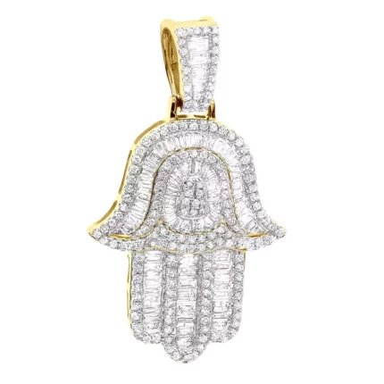 Large 2 Carat Diamond Hamsa Hand Pendant 14K Yellow Gold Amulet