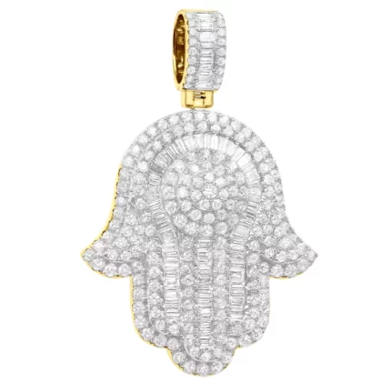 Large Diamond Hamsa Pendant 14K Yellow Gold Unique Round & Baguette Diamonds 2.5ct