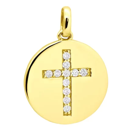 14K Yellow Gold Cross in a Circle Diamond Pendant 0.33ct