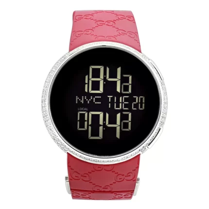 Men's Gucci I-Gucci Luxury 3.10ct Diamond Watch with Digital Steel Case & Red Rubber YA114212