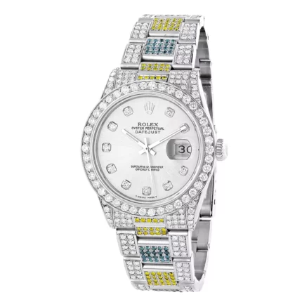 White Blue Yellow Diamond Rolex Datejust Men's Watch 10.3ct