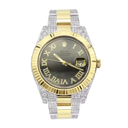 41mm 18K Gold Rolex Oyster Perpetual Diamond Watch for Men 7.5ct Two Tone Green Dial
