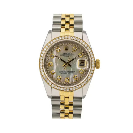 Women's Diamond Rolex Oyster Perpetual Datejust Watch Yellow Gold and Stainless Steel 34mm Mother-Of-Pearl Face