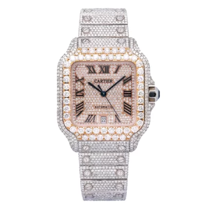 Men's Diamond Watch Cartier Santos de Cartier 18K Gold Rose Gold Tone Dial