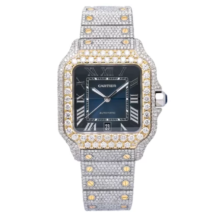 Iced-Out Cartier Santos de Cartier Watch For Men 17.95 CT 18K Gold Stainless Steel 40 mm Dark Blue Dial